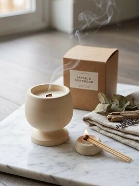 Santal & Driftwood jesmonite Wood-Wick Candle - Beige